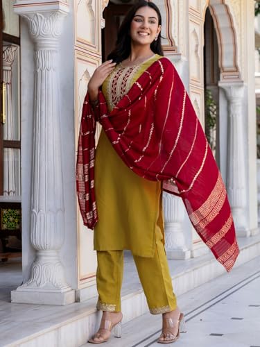 Sanisa Women's Cotton Blend Embroidery and Sequins Work Straight Kurta with Pant and Dupatta Set