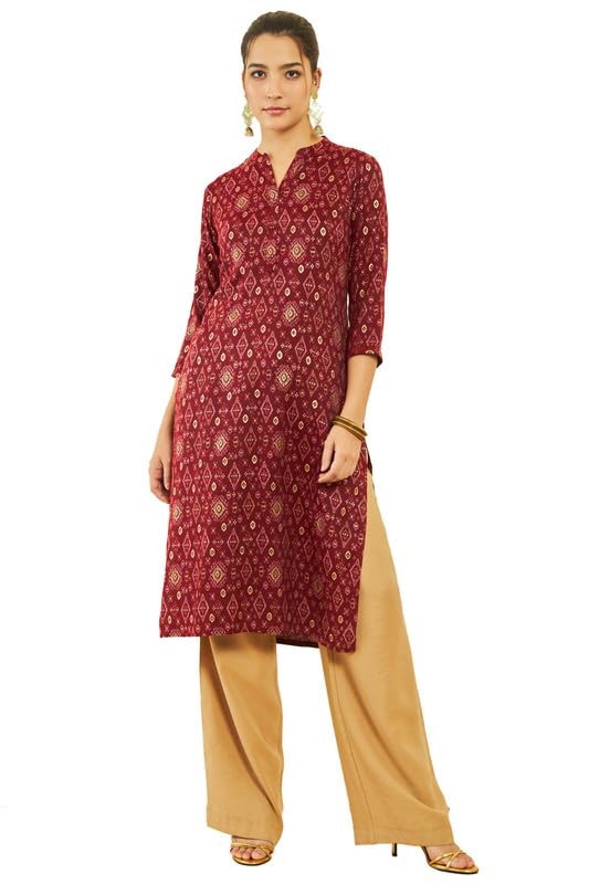 Soch Womens Maroon Rayon Ikat Print Straight Kurta With Pocket