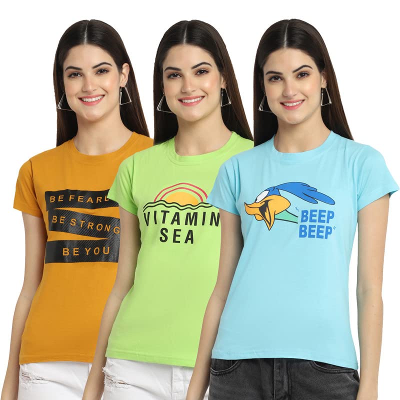 Preneum Womens Cotton Regular Fit Latest Graphic Stylish Printed Short Sleeves Casual T-Shirt || Trendy & Style (Pack 3), Vitam