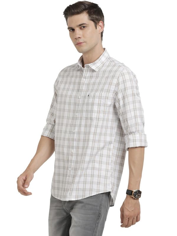 Turtle Men 100% Cotton Slim Fit Off White Check Full Sleeve Casual Shirt