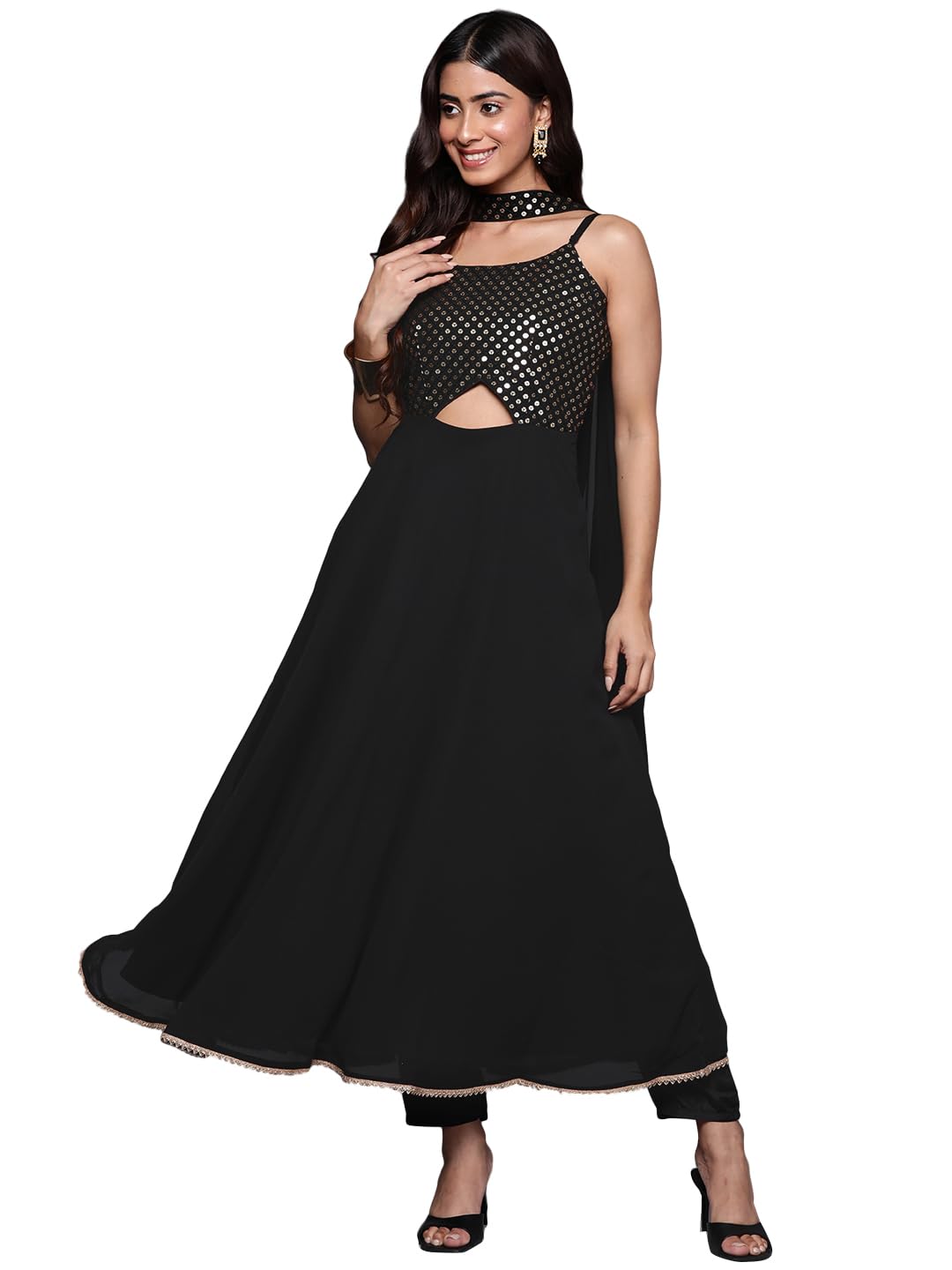 Libas Womens Embroidered Georgette A-Line Kurta With Trousers And Dupatta