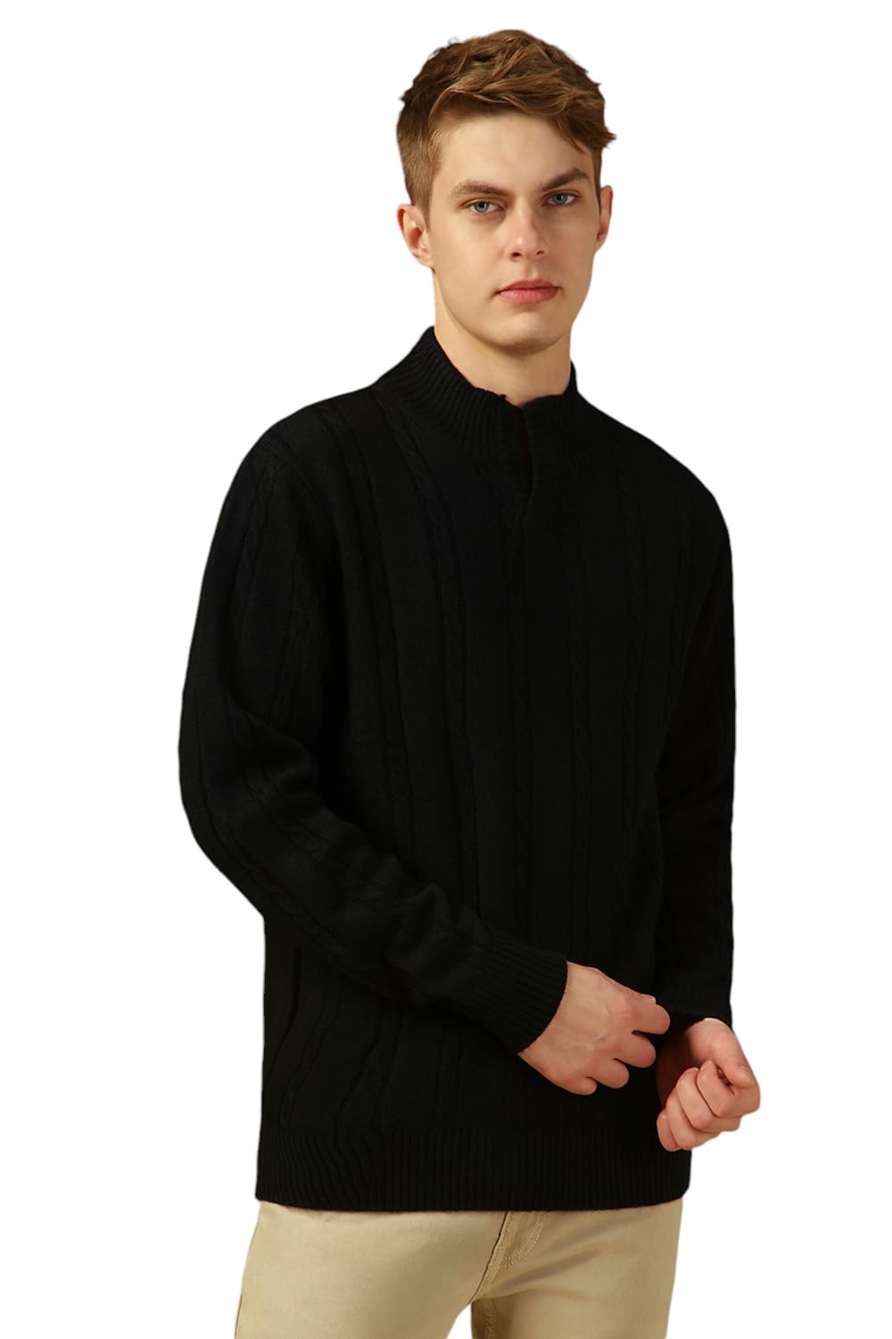 Dennis Lingo Men Black Solid Slim Fit Full Sleeve Mock Collar Pullover Sweater