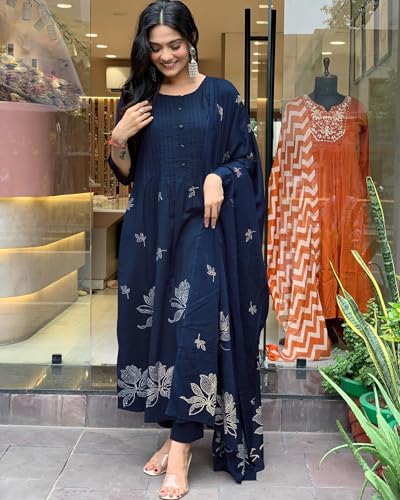 GoSriKi Women's Rayon Printed Kurta Set with Pants & Dupatta, XXL, Dark Blue, Model Gangori Wine-GS