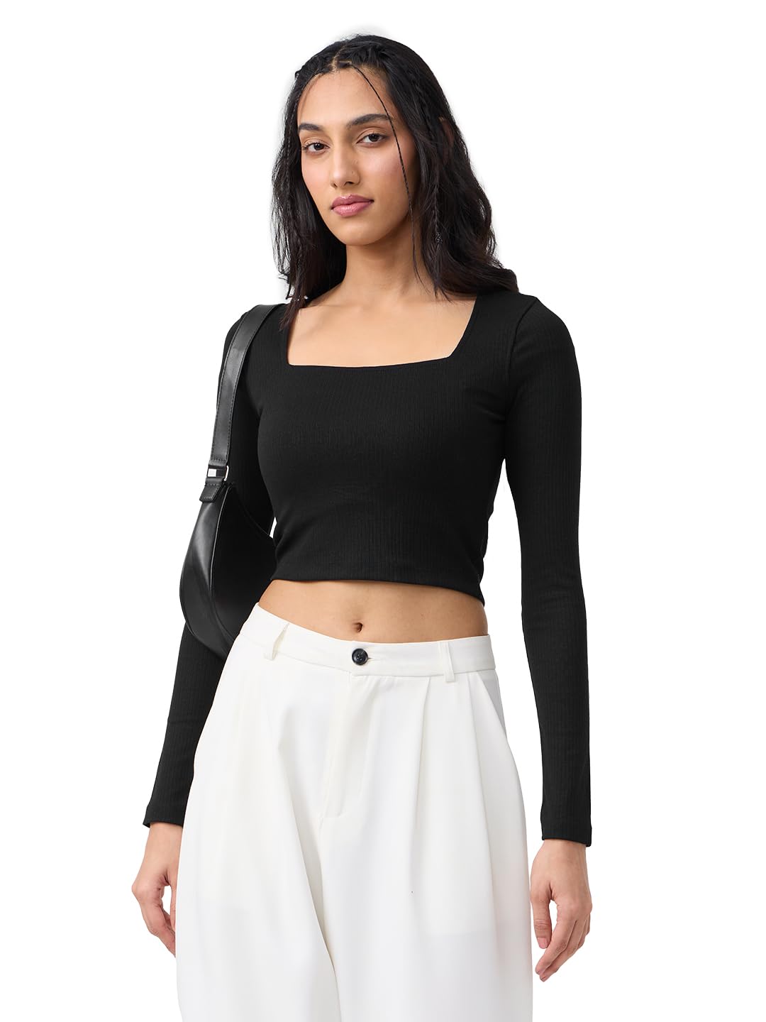 The Souled Store Crop-Top: Rich Black Women and Girls Long Sleeves Square Neck Solid Polyester Blend Slim Fit Cropped Tops