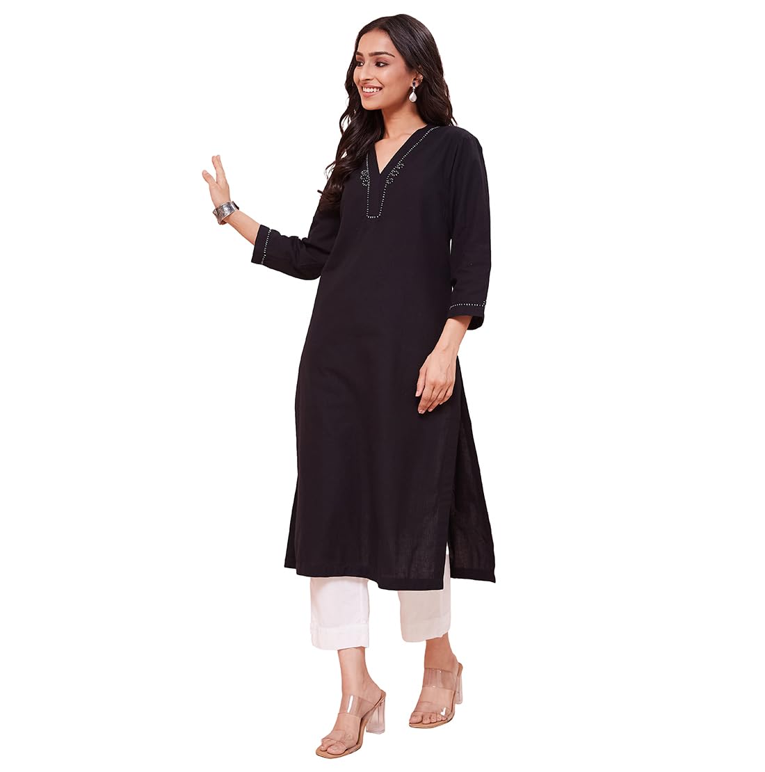 Fabindia Women Black V-Neck Three-Quarter Sleeves Straight Kurta