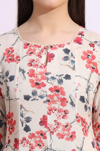 W for Woman Light Beige Floral Printed Rayon Flax Anarkali Kurta with Lace