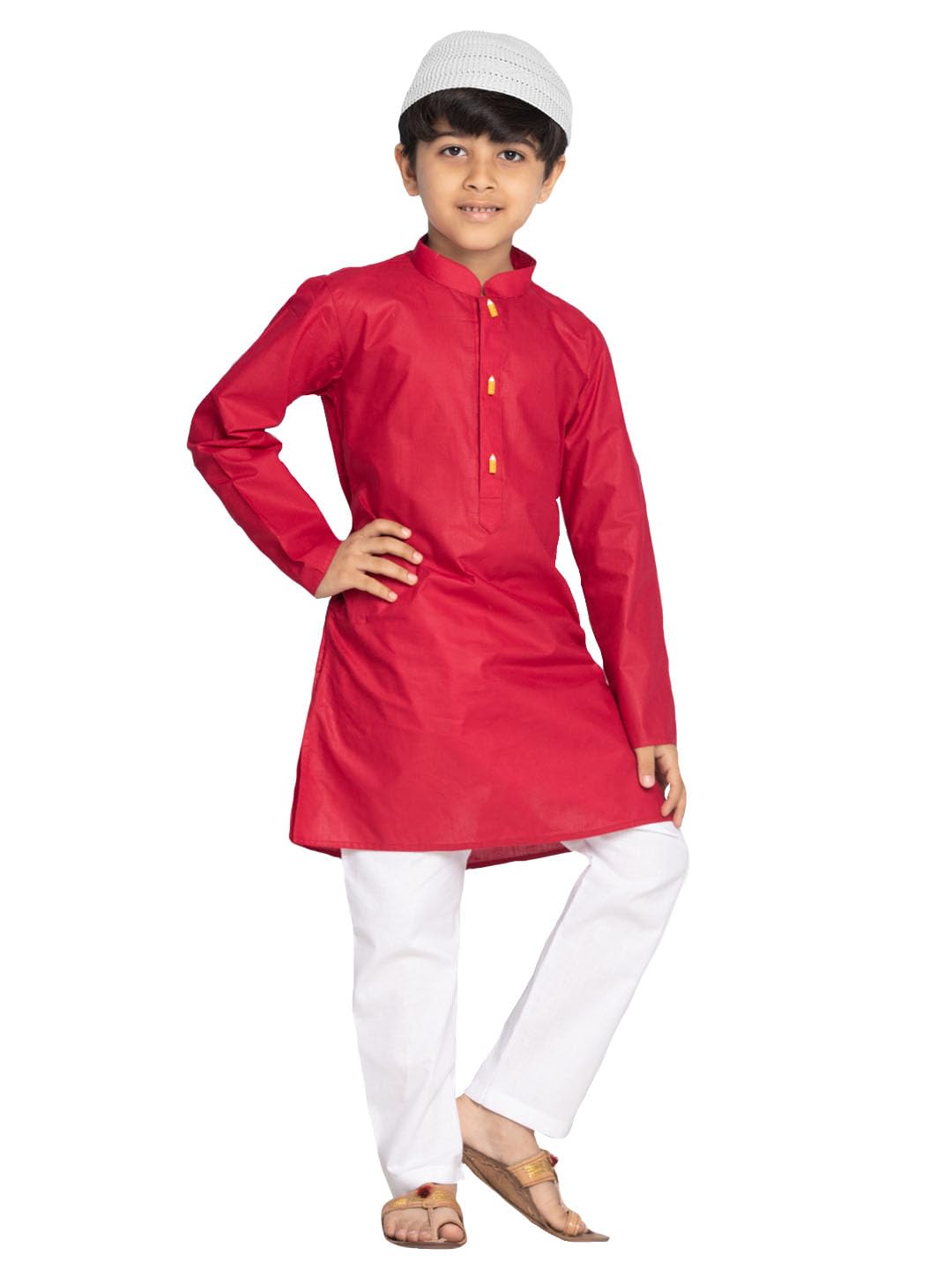 Jbn Creation Boys Maroon Cotton Blend Kurta Pyjama And Cap Set