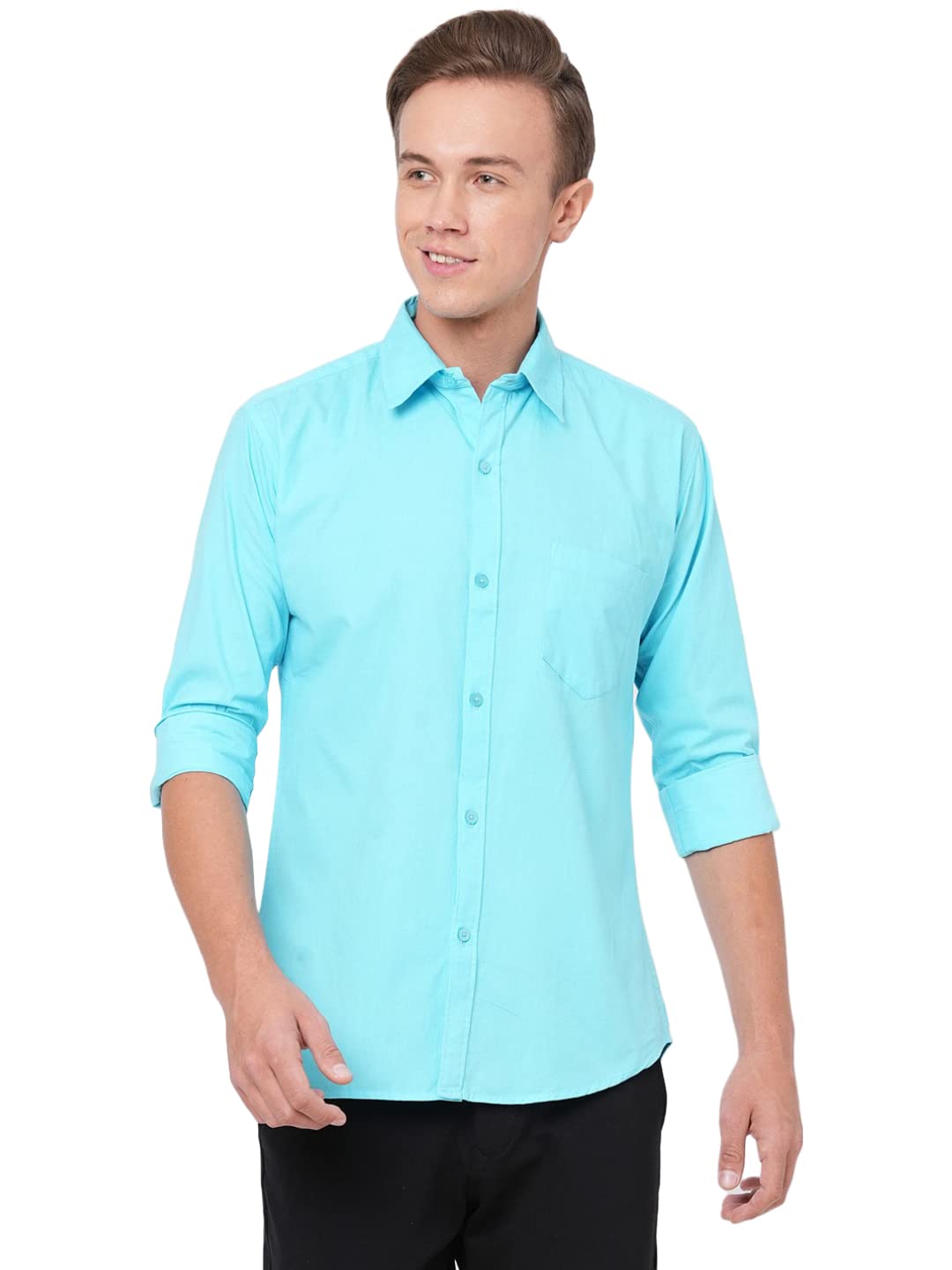ANNI DESIGNER Mens Cotton Blend Solid Slim Fit Casual Full Sleeves Shirt (Rikk-Sky Blue-Nw-an_M_Sky Blue_Medium)