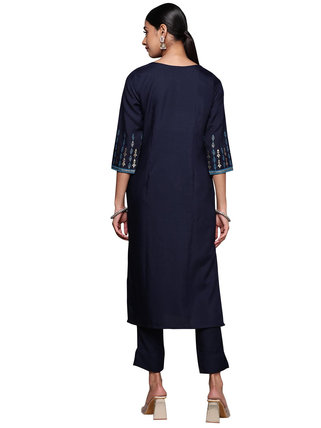 ZIYAA Women's Navy Blue Rayon Straight Kurta Pant Set (ZIKURY3984ANDPL)
