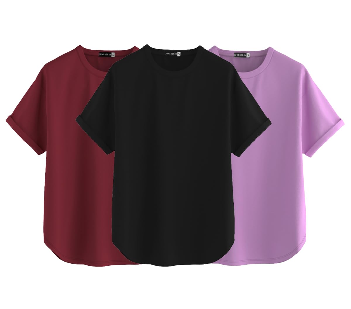 Juneberry Pure 100% Cotton Oversized Loose Baggy Fit Round Neck With Drop Shoulder Black & Lilac & Maroon Half Sleeves Boyfriend