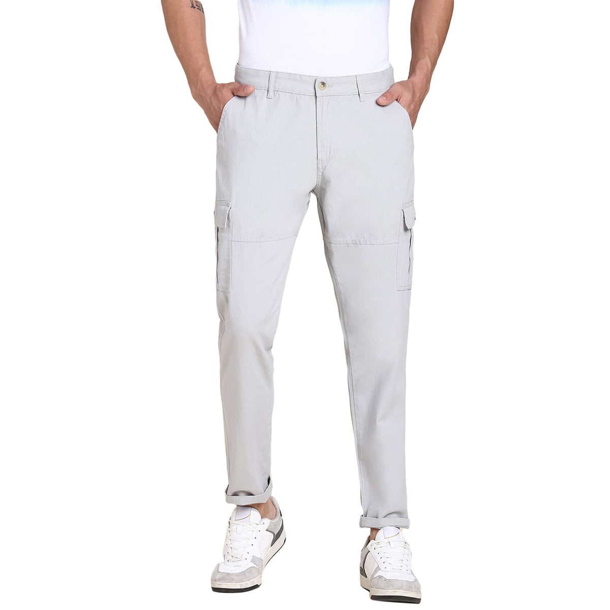 Dennis Lingo Slim Fit Light Grey Solid Cargo for Men