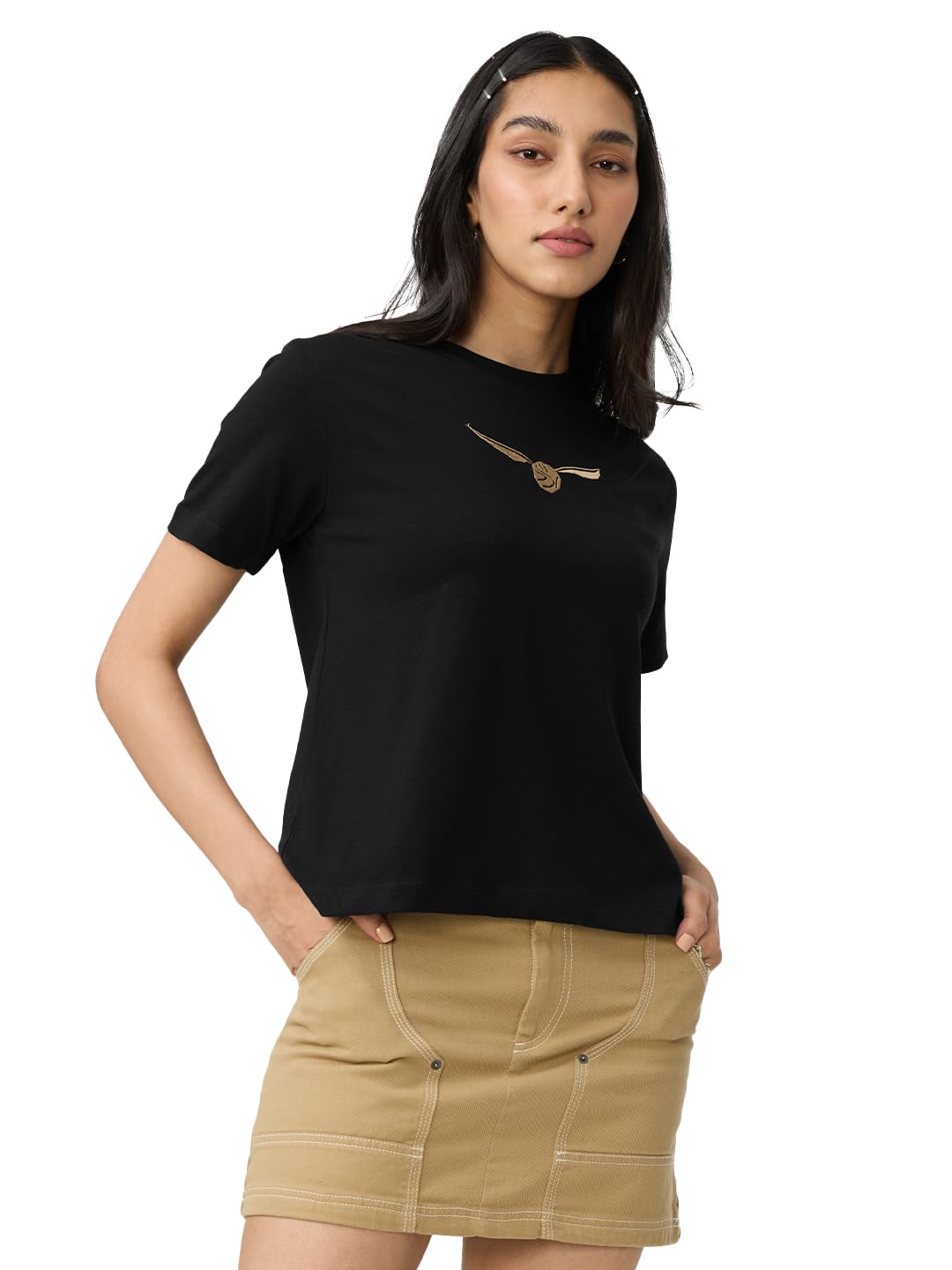 The Souled Store Harry Potter: Golden Snitch Women and Girls Short Sleeves Round Neck Black Embroidered Cotton Relaxed Fit T-Shi