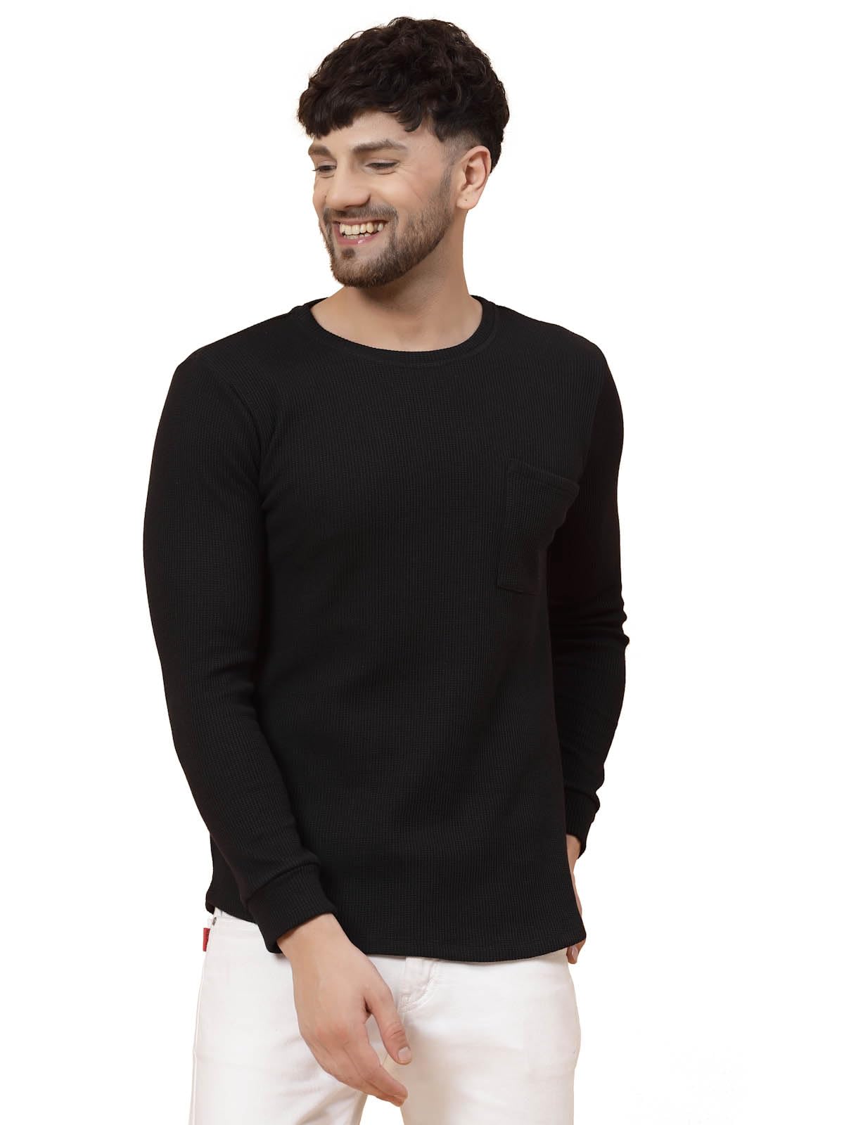 Rigo Full Sleeves Round Neck T-Shirts for Men | Waffle Knit Regular Fit Solid T-Shirt for Men | Casual T-Shirts for Men Black