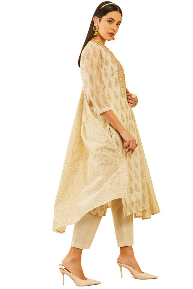 Soch Womens Off White Chanderi Sequinned Embellished Printed Suit Set