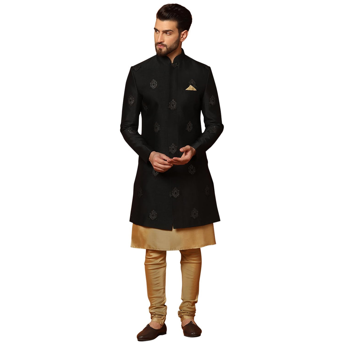 Kisah MenS Black And Golden Indo-Western Kurta Sherwani Churidar Set Cotton Silk Full Sleaves, Knee Length, Straight, Regular F