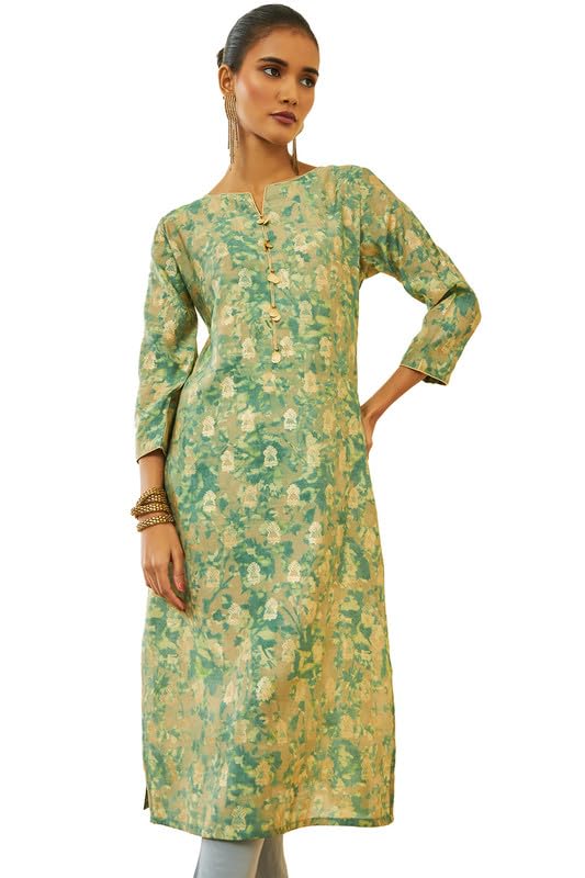 Soch Womens Pink Muslin Floral Foil Print Straight Kurta with Pocket