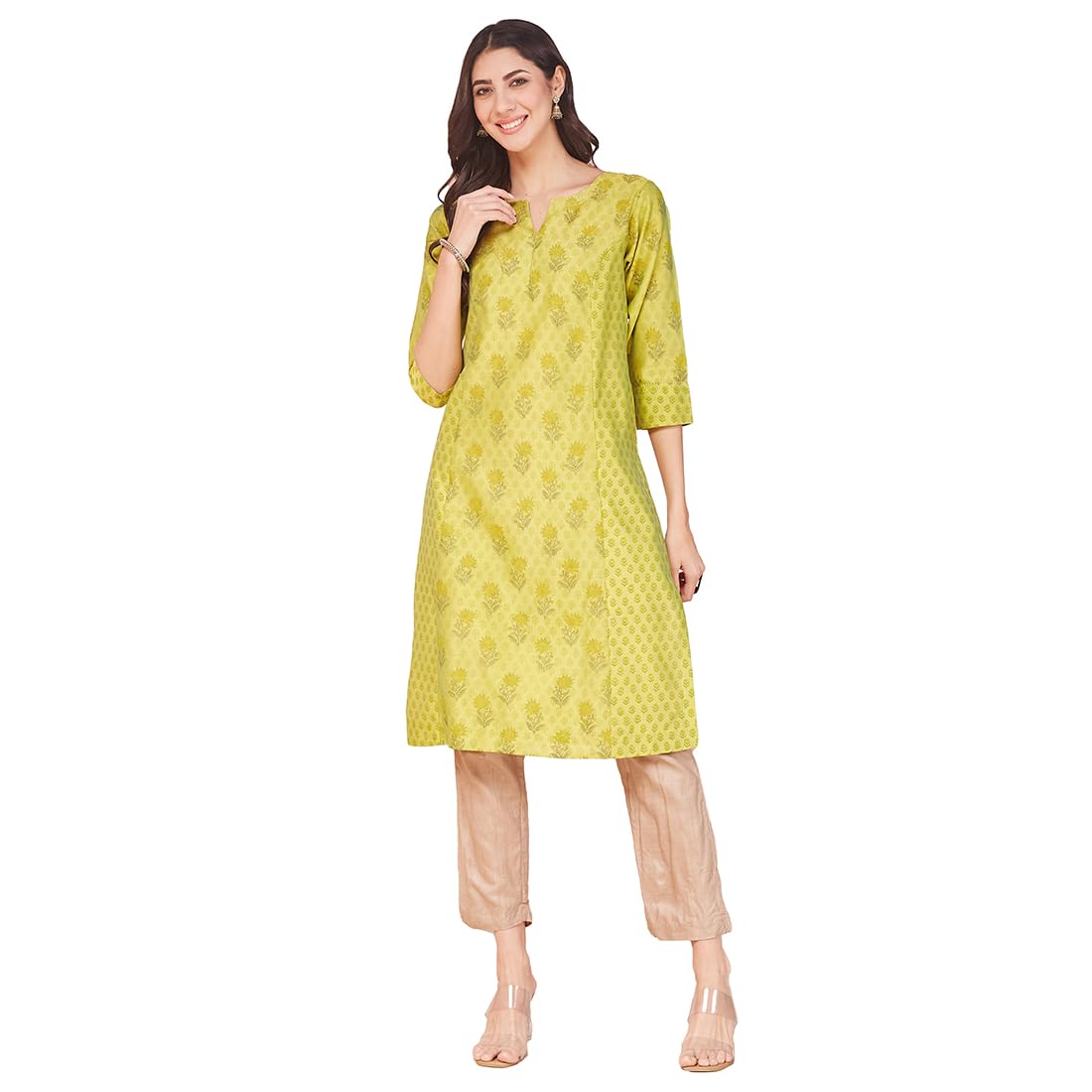 Fabindia Green Cotton Silk Hand Block Printed Kurta