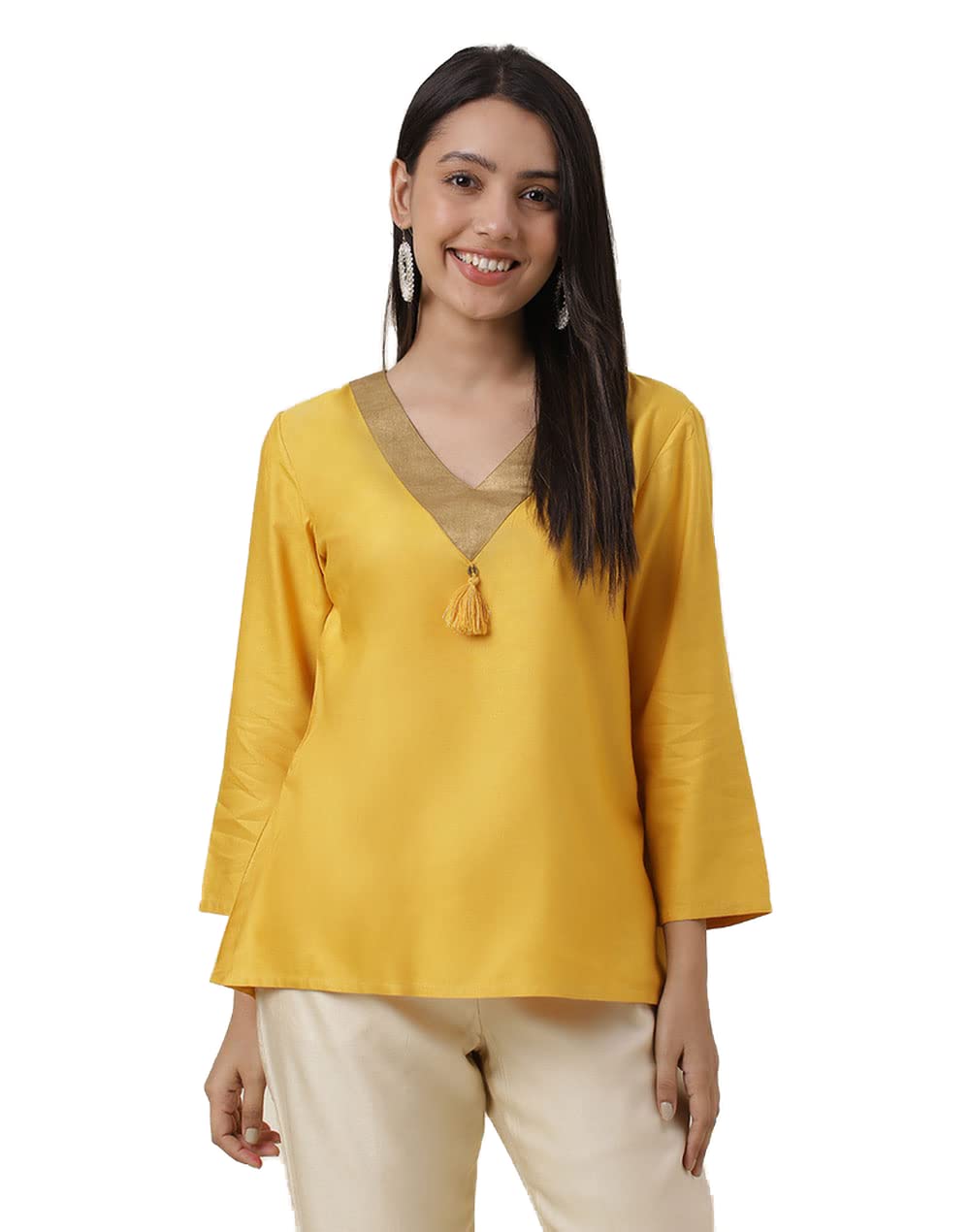Fabindia Women Viscose Silk A-Line Top Yellow_Xs