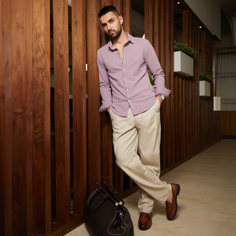 Campus Sutra Mens Lavender Stripe-Creased Shirt for Casual Wear | Spread Collar | Long Sleeves | Button Closure | Shirt Crafted