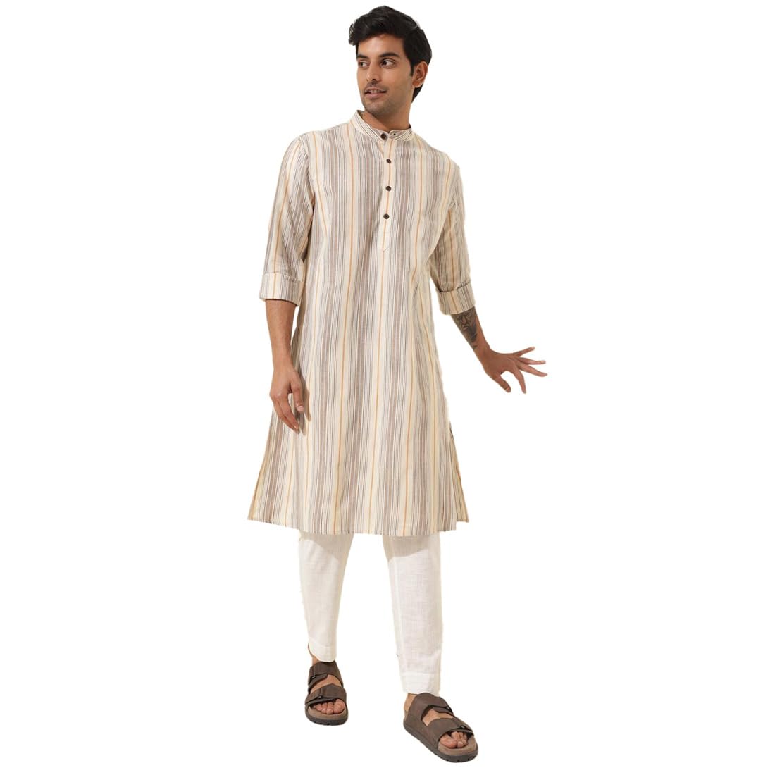 Fabindia MenS Cotton Striped Relaxed Kurta (1037123Off White_Off