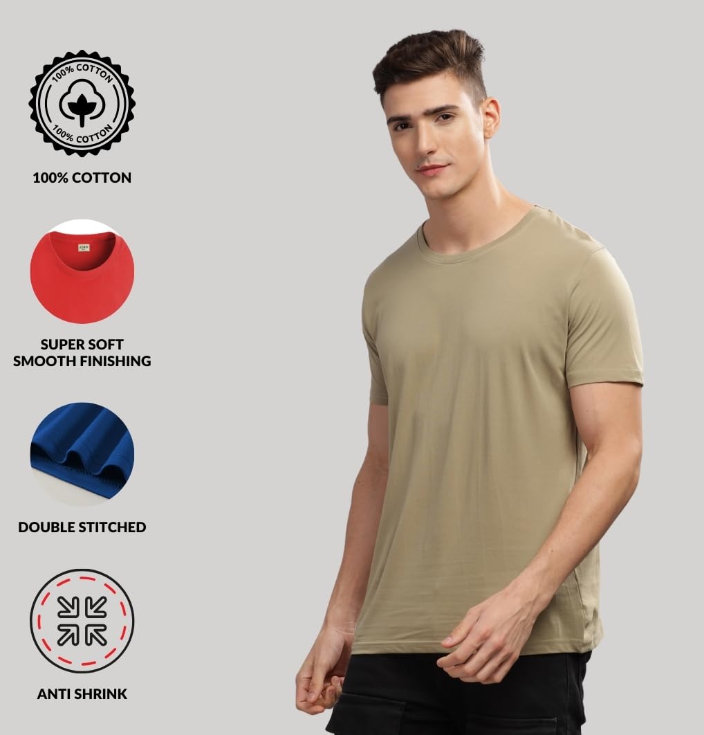 ADRO Mens Solid Regular Fit T-Shirt (RCM3-PLN-BL-BE-SK_Black,Beige,Sky Blue