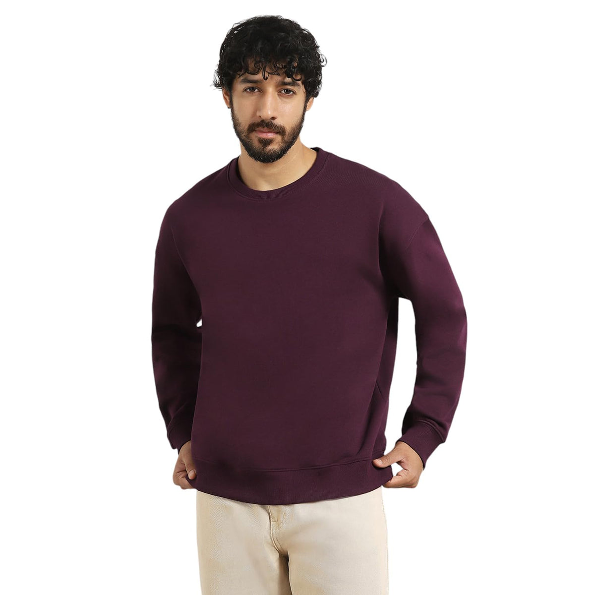 Nobero MenS Cotton Blend Crew Neck Sweatshirt (1M-Twss-R0005_Midnight Plum