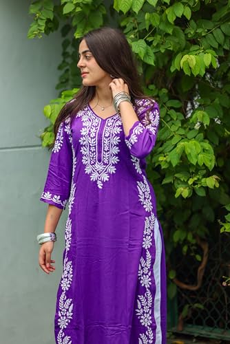 ANNI DESIGNER Women's Cotton Blend Chikankari Embroidered Straight Kurta (Roomali Purple_S_Purple_Small)