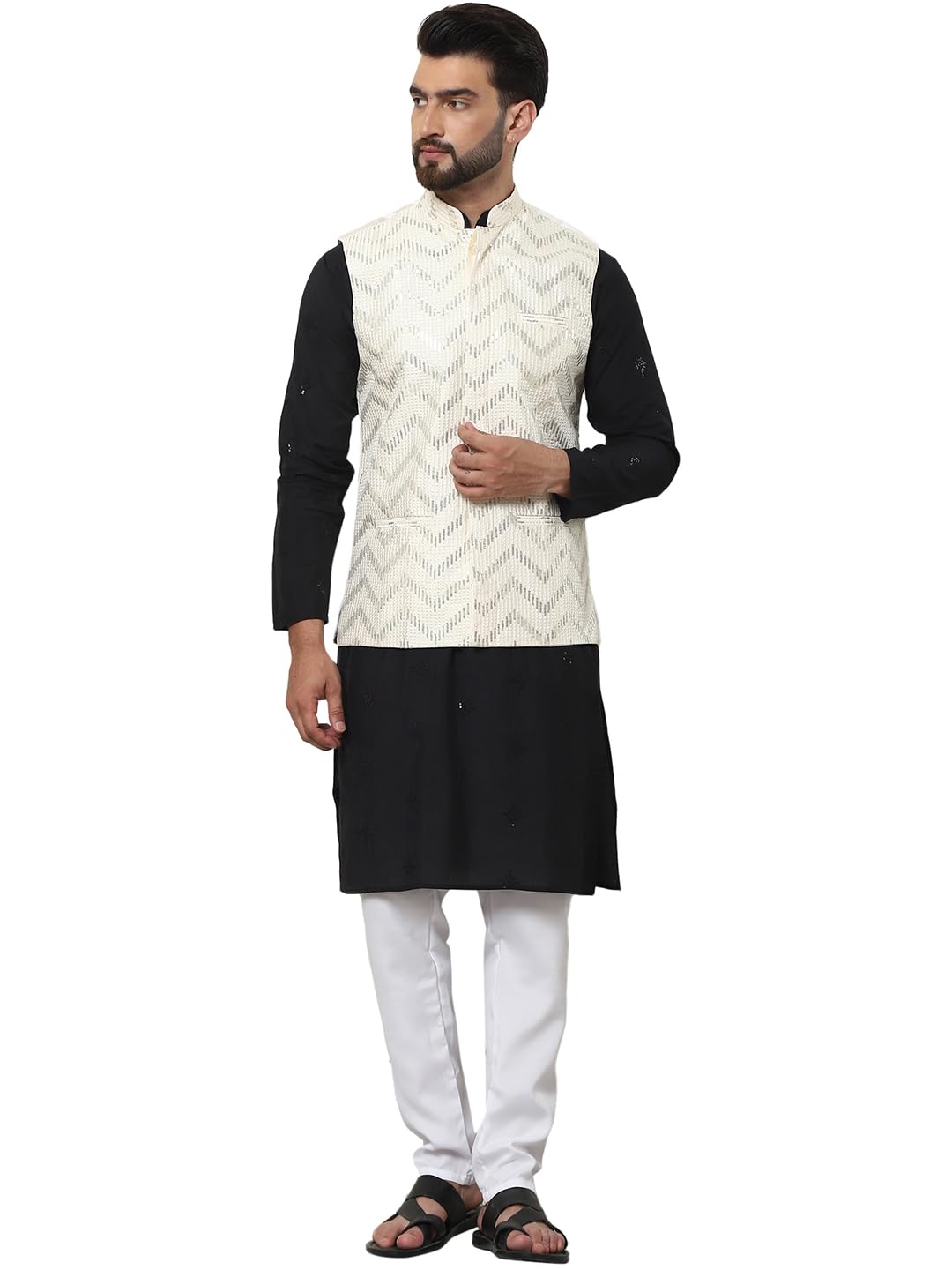 SOJANYA (Since 1958 Men's Cotton Silk Black Kurta and White Pyjama With Sequins Cream Nehru Jacket