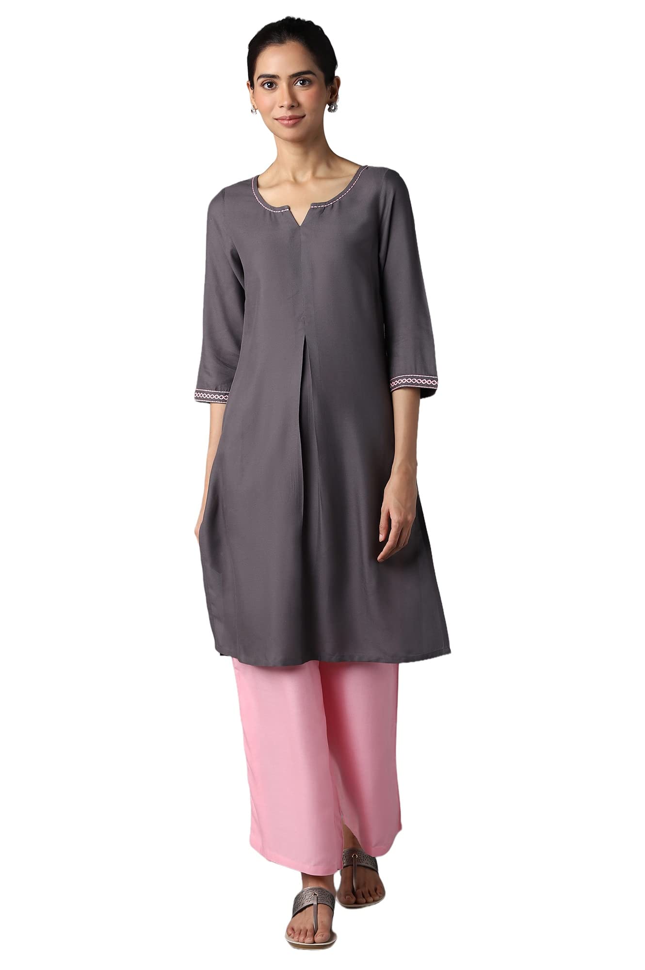 Aure Collection by Aurelia Grey Solid Ethnic Kurta with Light Pink Straight Palazzo