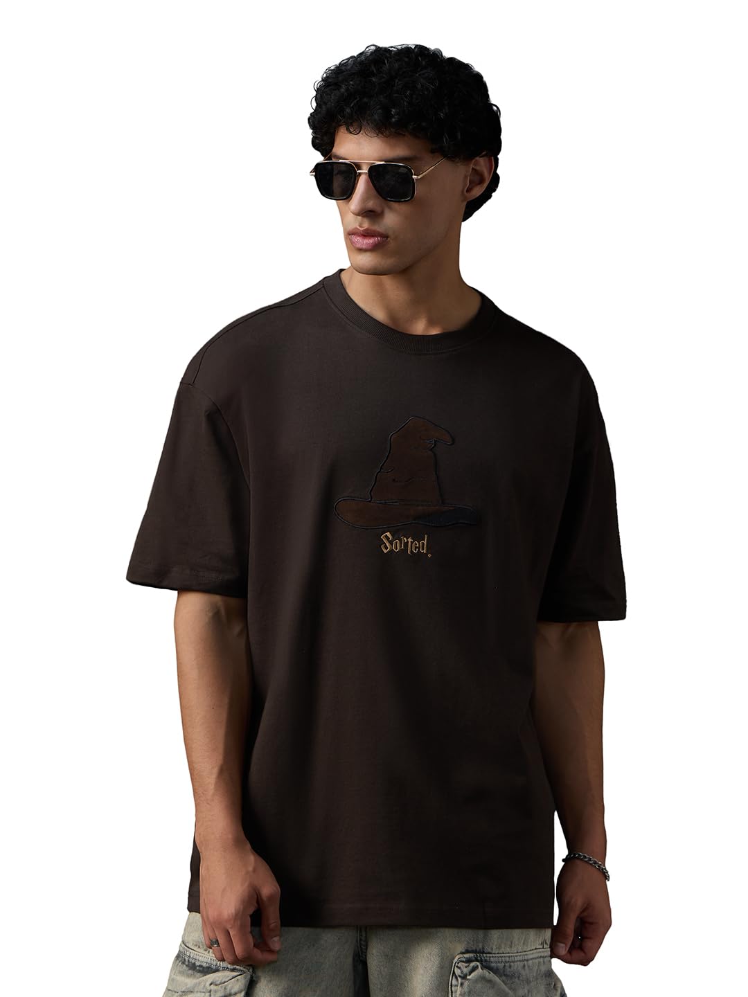 The Souled Store Harry Potter: Sorted Men and Boys Short Sleeves Round Neck Brown Embellished Cotton Oversized T-Shirts