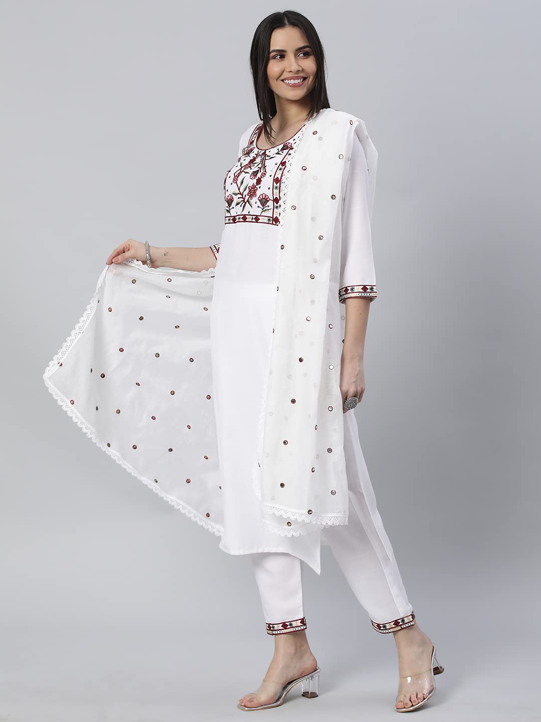 ANNI DESIGNER Women's Cotton Blend Solid Straight Kurta with Pant & Dupatta (SAWET-White)