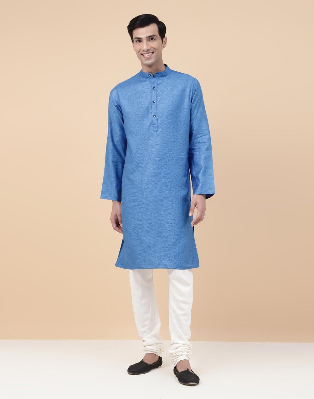 Fabindia Men's Viscose Silk Printed Slim Fit Kurta (1033090BLUE_Blue