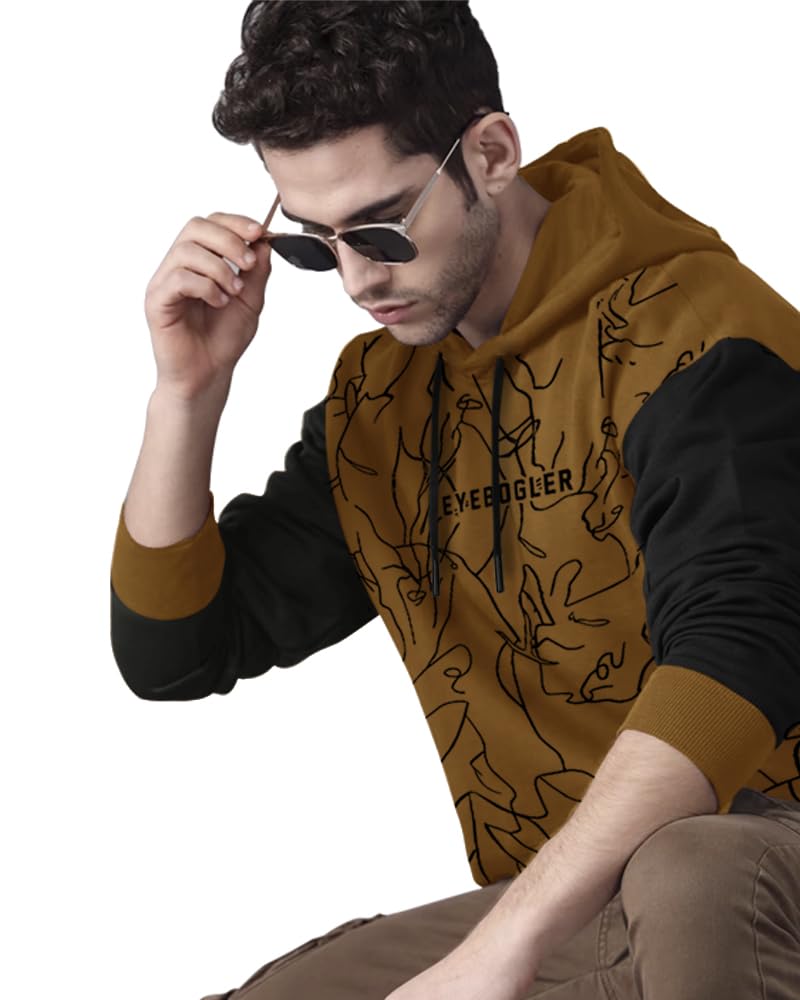 Eyebogler MenS Printed Cotton Blend Hooded Neck Full Sleeves Sweatshirt Mustard Black