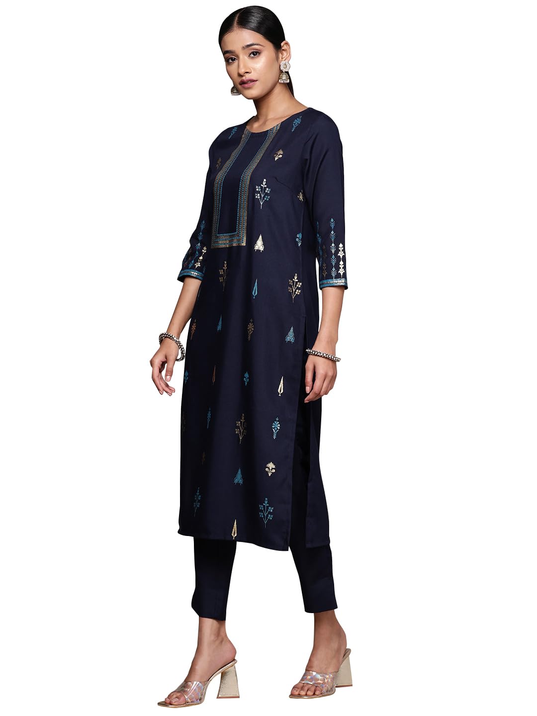 ZIYAA Women's Navy Blue Rayon Straight Kurta Pant Set (ZIKURY3984ANDPL)