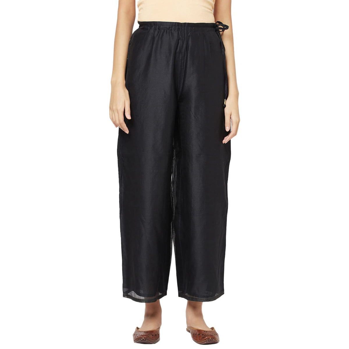 Fabindia Women Silk Waist Tie Up Ijar Pant Cotton_M Black