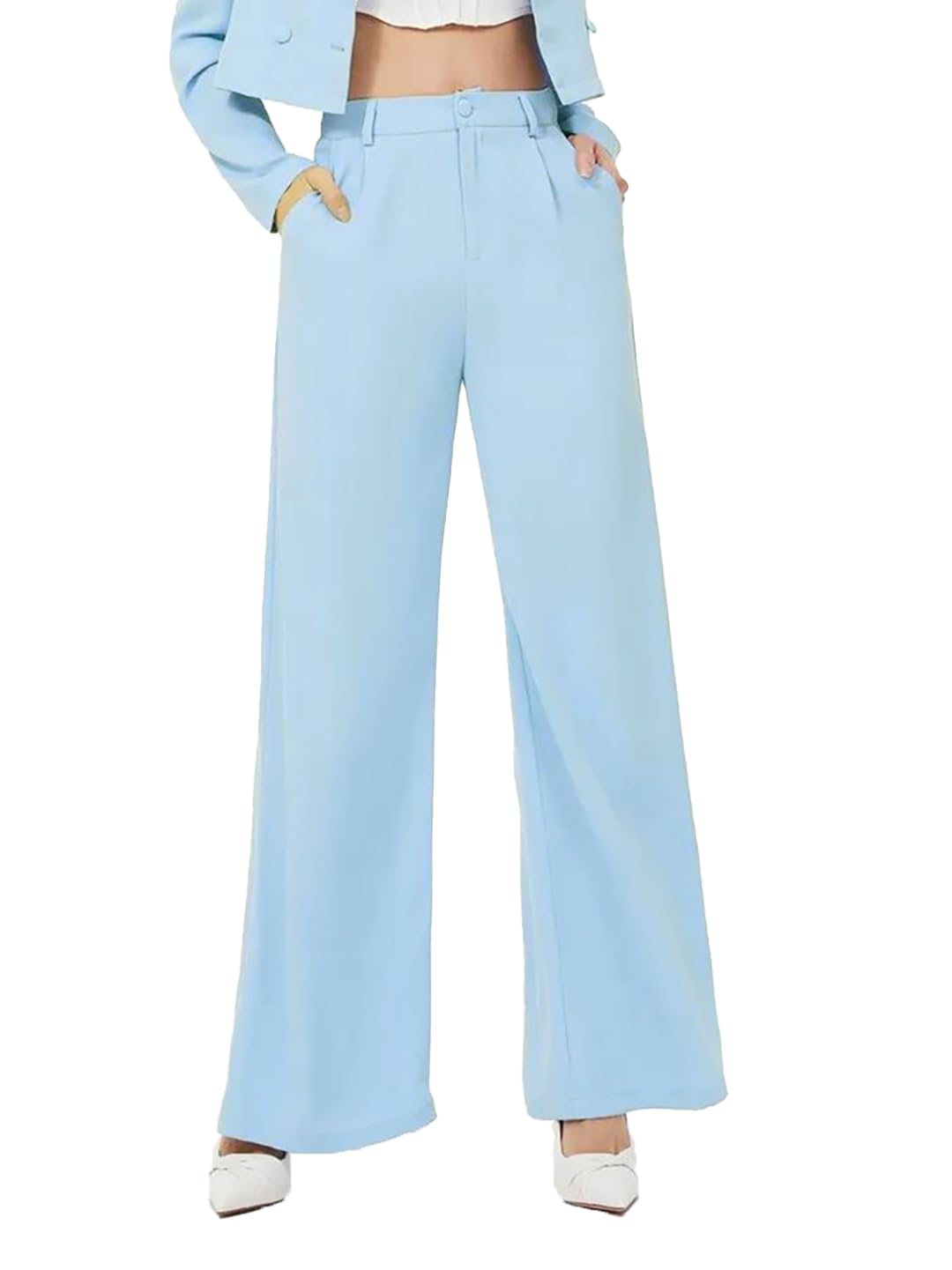 Kotty Womens High Rise Regular Fit Viscose Rayon Solid Trousers Sky Blue