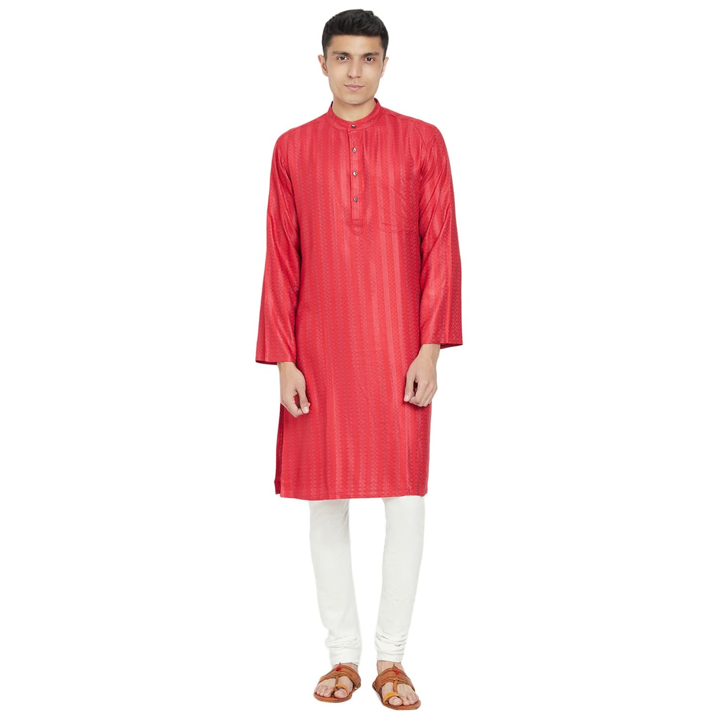 Fabindia Men Tussar Dobby Long Kurta Viscose_Xs Red
