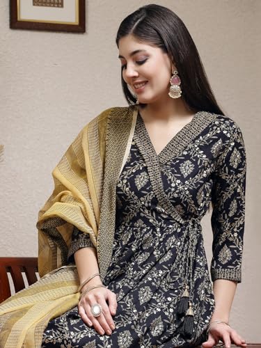 Sanisa Women's Cotton Silk Printed & Foil Work Anarkali Kurta with Pant and Woven Dupatta