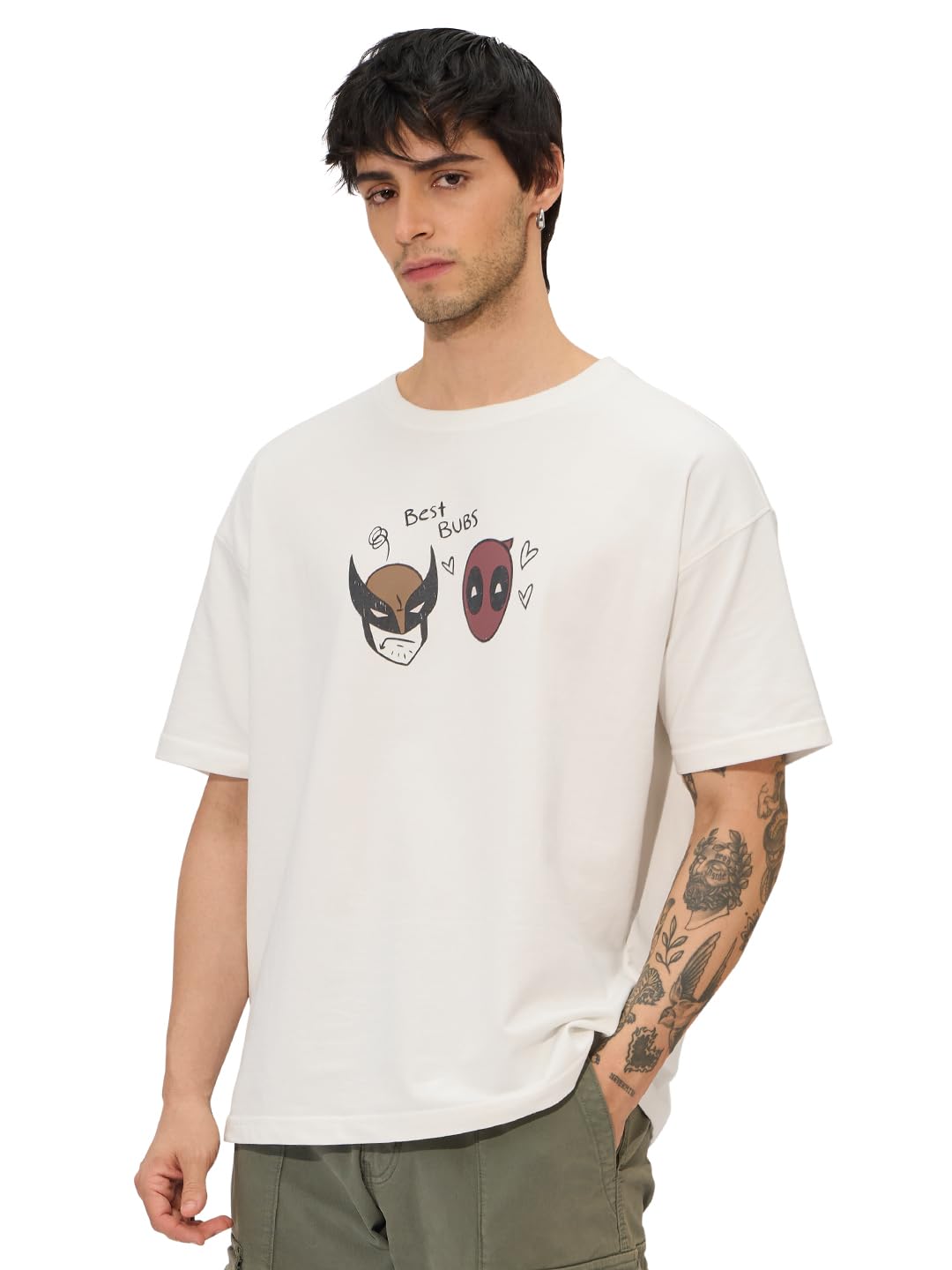 The Souled Store Official Marvel: Best Buds Men and Boys Short Sleeves Round Neck White Graphic Printed Cotton Oversized T-Shirt