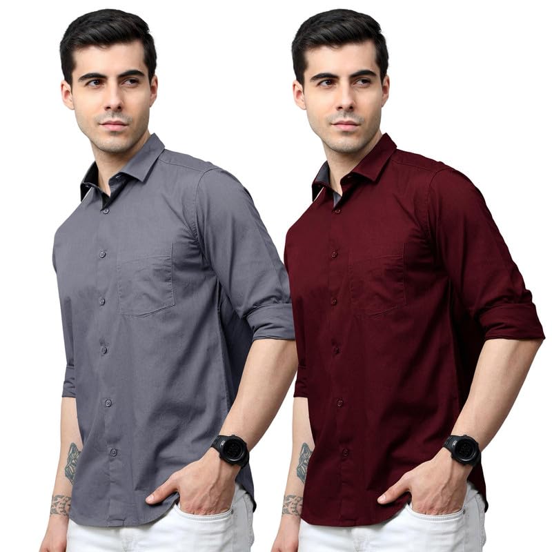 Tee Projekt Cotton Shirt For Men Ll Front Pocket Shirt Ll Stylish Long Sleeve Shirt Ll Soild Regular Fit (Pack Of 2) Grey-Maroon