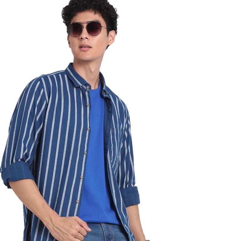 Turtle Men Cotton Linen Slim Fit Blue Full Sleeve Casual Shirt