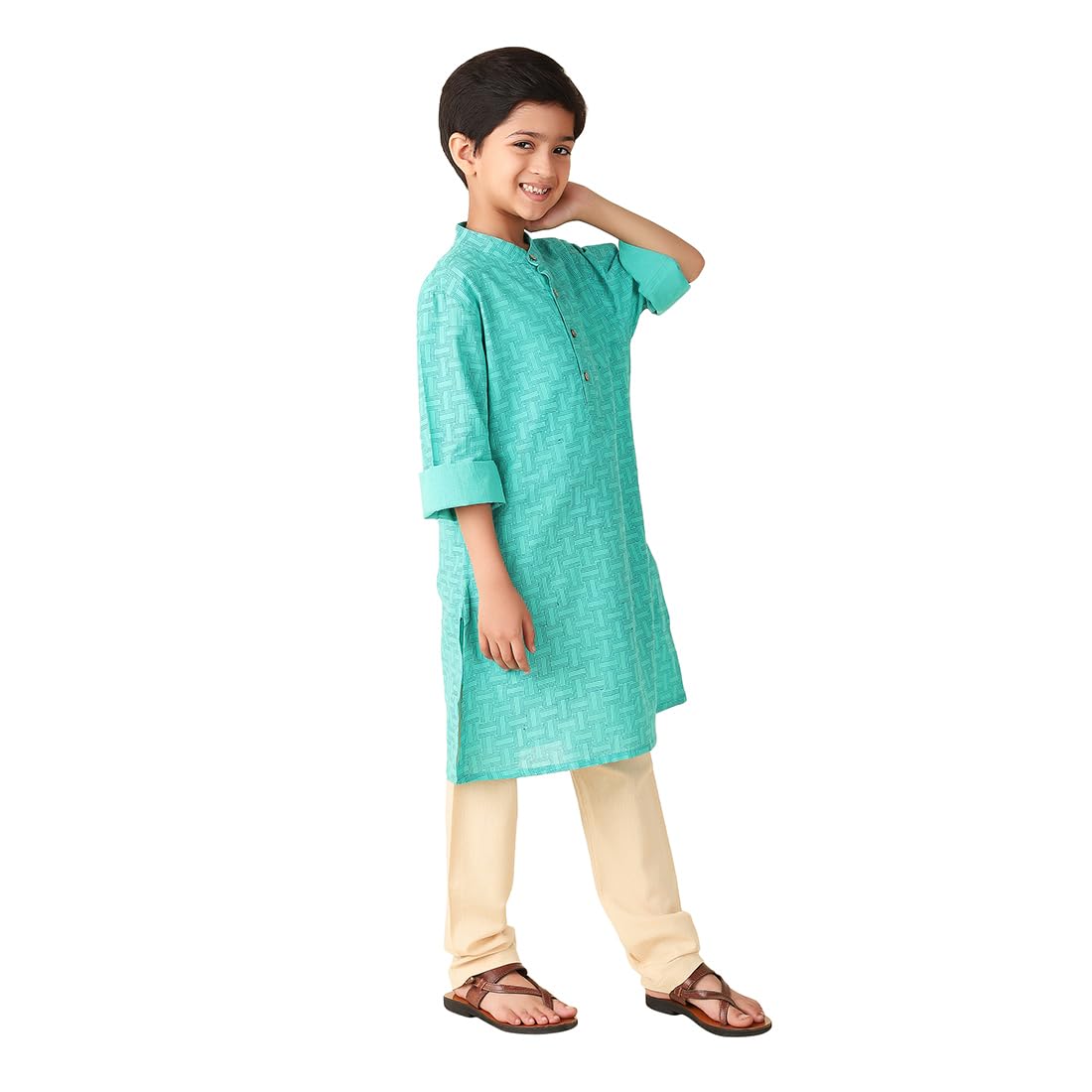 Fabindia BoyS Cotton Printed Regular Kurta (1030887Teal_Teal