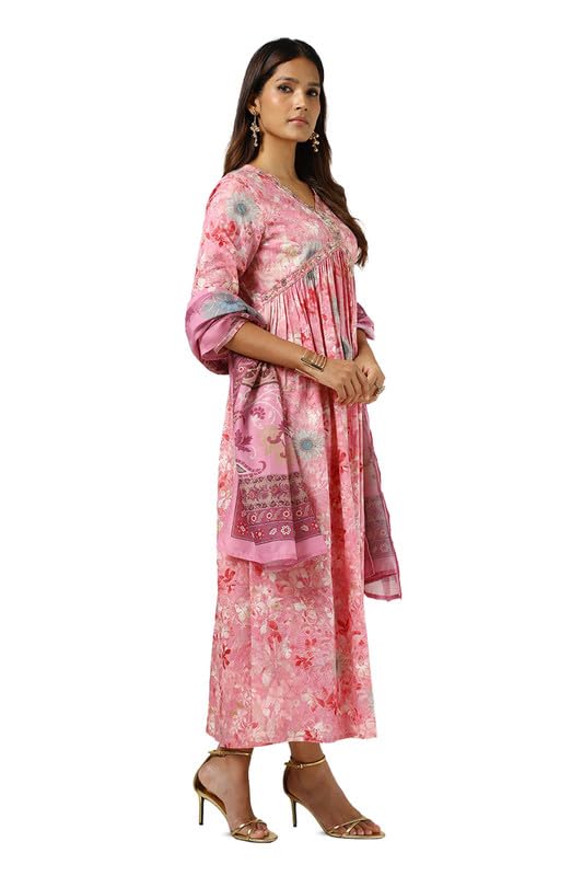 Soch Womens Blush Pink Cotton Floral Print Kurta with Mirror and Cutdana
