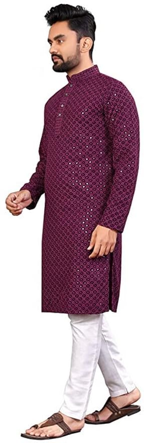 LookMark Present Mens Pure Rayon Chikankari Sequins Kurta||Mens Chikankari Purple Coloured Kurta|| AZ-LM-OG-Kurta 11 Purple-L