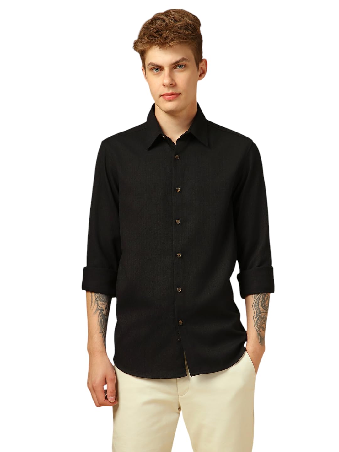 Dennis Lingo Solid Full Sleeves Spread Collar Polyester Regular-Fit Men Casual Shirt Black
