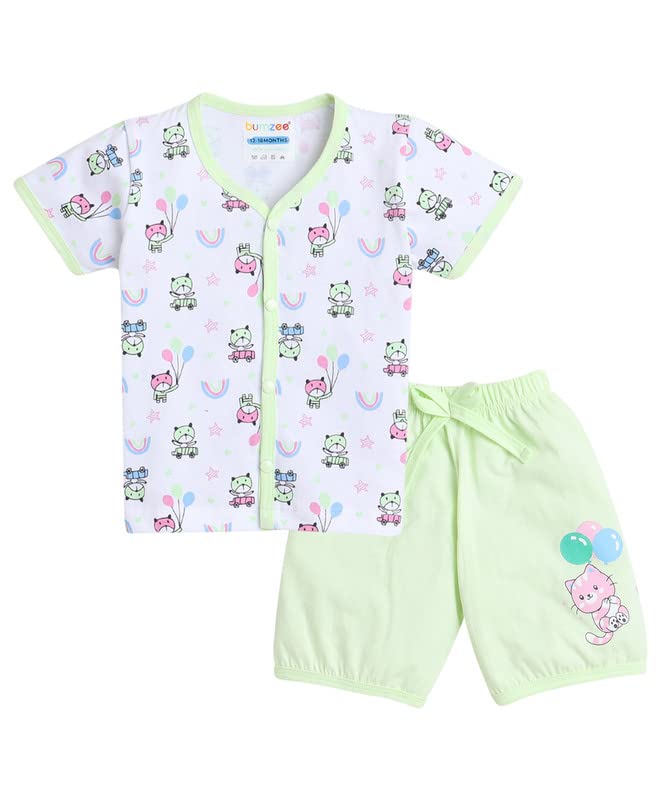 Bumzee White & Green Baby Girls Half Sleeves Jabla & Short Set Age - 12-18 Months (Peb8160D-Wht.Grn)