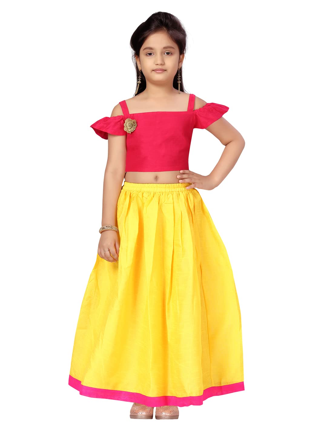 Aarika Girl's Silk Lehenga Choli Set (LCH-22109_Rani-Yellow_6-7 Years)