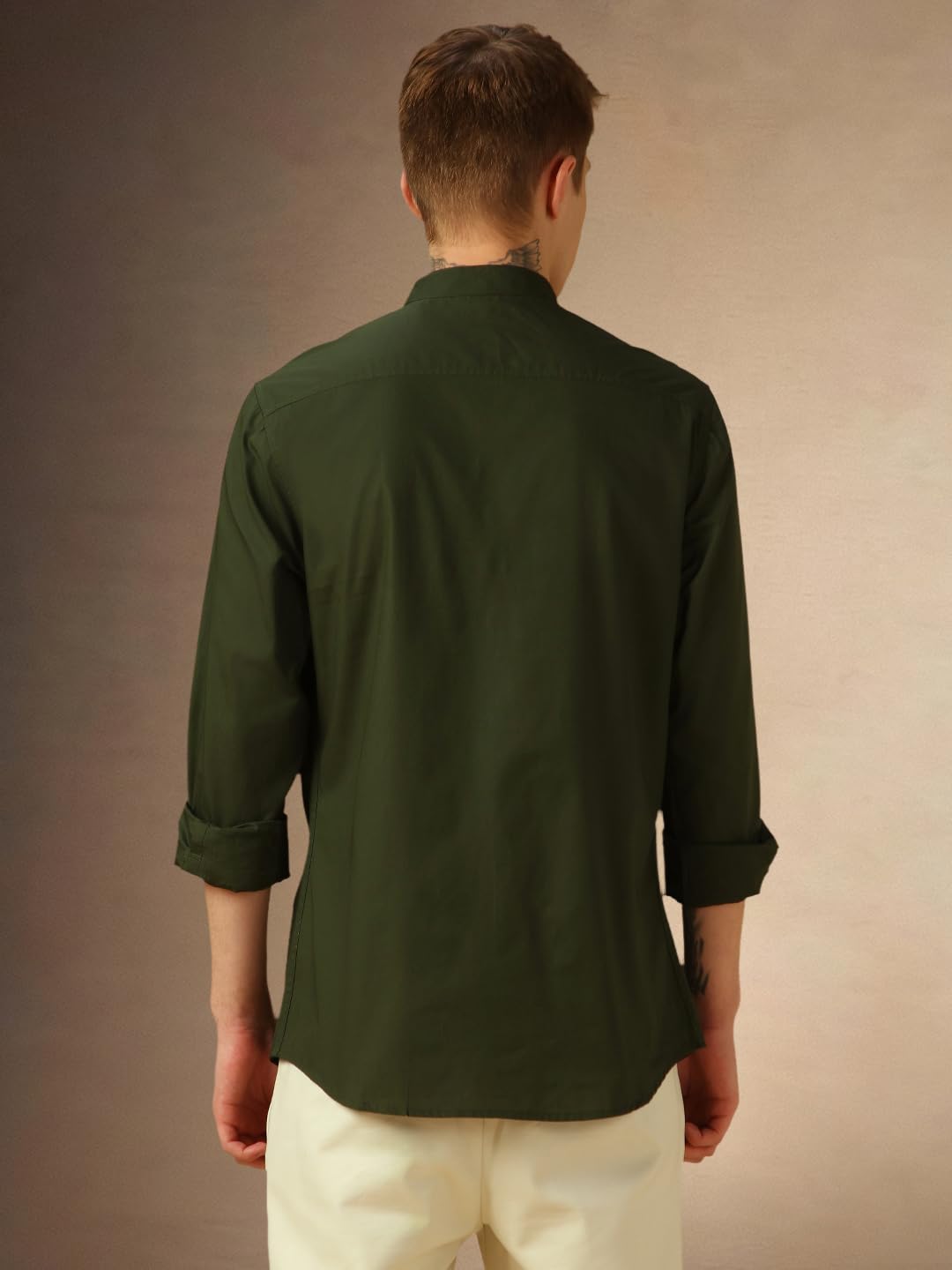 Dennis Lingo MenS Dk Olive Full Sleeve Mandarin Collar Solid Regular Fit Casual Shirt