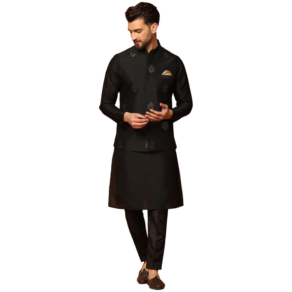 Kisah MenS Kurta Jacket Trousers Set Cotton Blend, Embroidered, Full Sleeves, Straight, Regular Fit, Mandarin Collar Ethnic Cas