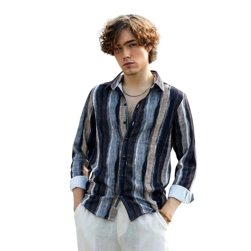 Campus Sutra Mens Prussian Blue & Ash Brown Brushed-Stripe Shirt for Casual Wear | Spread Collar | Long Sleeve | Button Closure